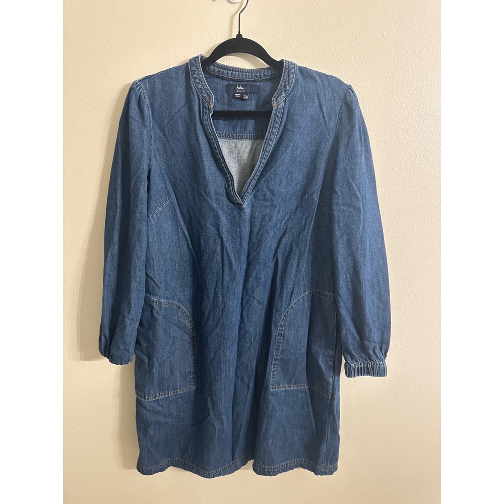 Boden Denim Blue V-Neck Long Sleeve Shift Dress with Pockets US 12R